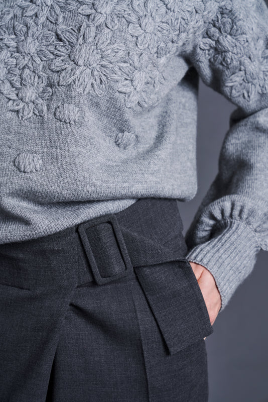Tone In Tone Embroidered Knit Sweater Grey