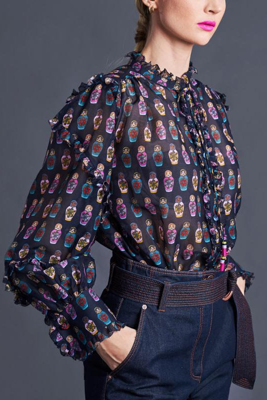 Long Sleeve Printed Blouse With Ruffle Details