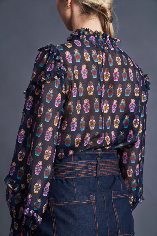 Long Sleeve Printed Blouse With Ruffle Details