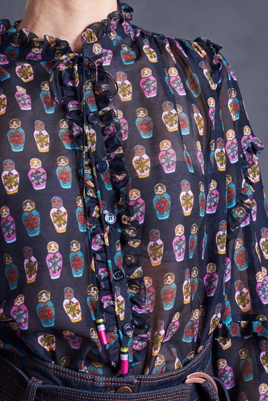 Long Sleeve Printed Blouse With Ruffle Details