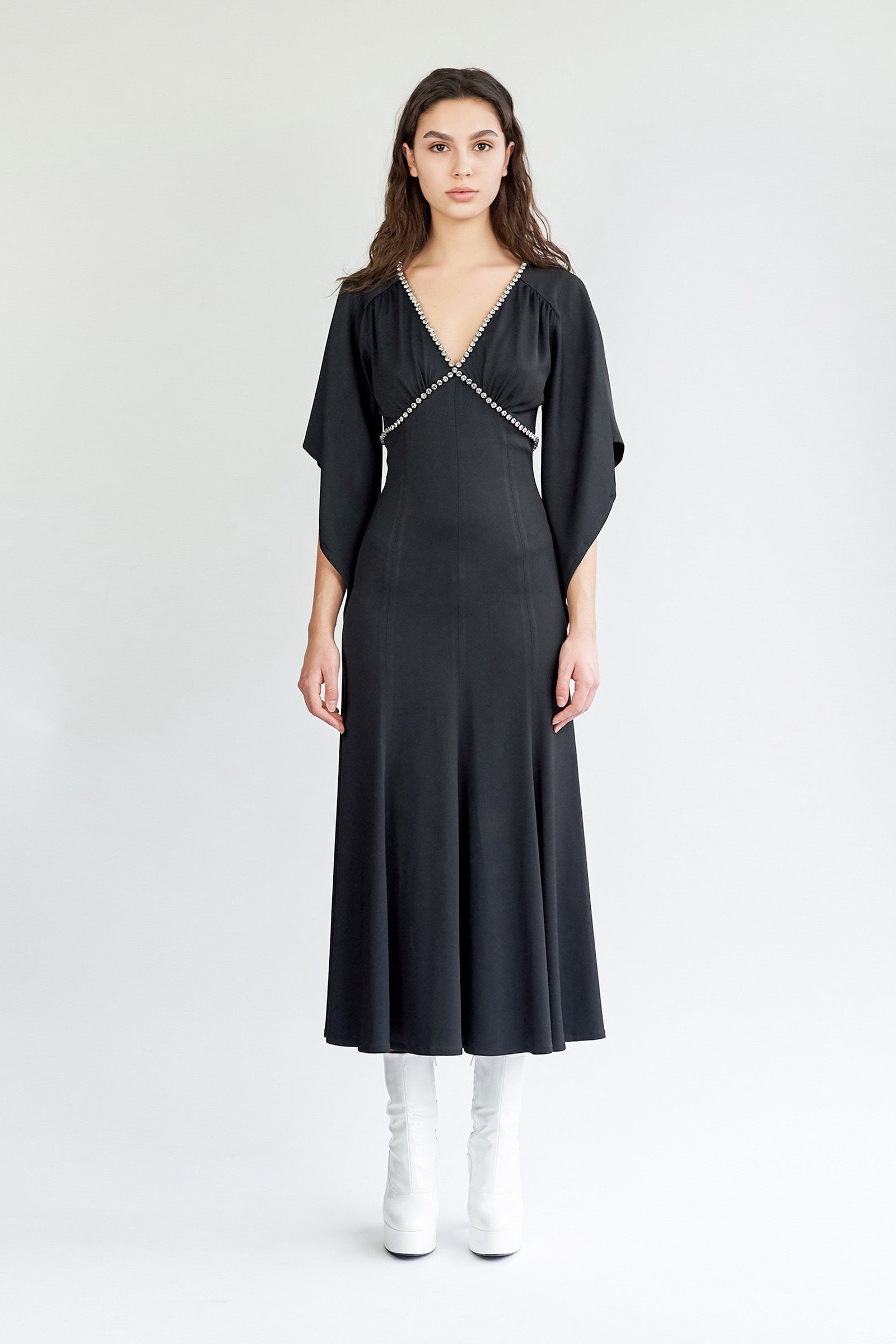 Dress with Flowing Sleeves and Stone Details