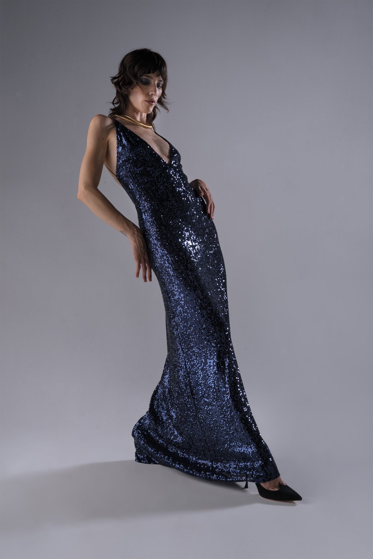 Megan Plunging Open-Back Sequin Gown