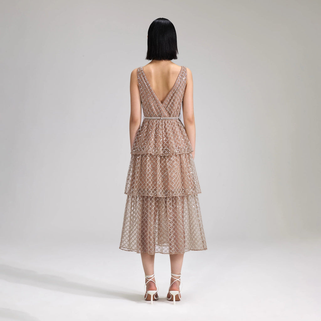 Tan Grid Sequin Tiered Midi Dress