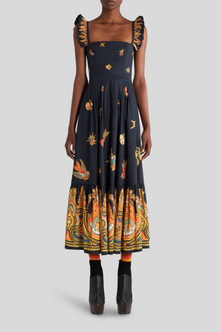 Bird and Apple Print Dress with Ruches