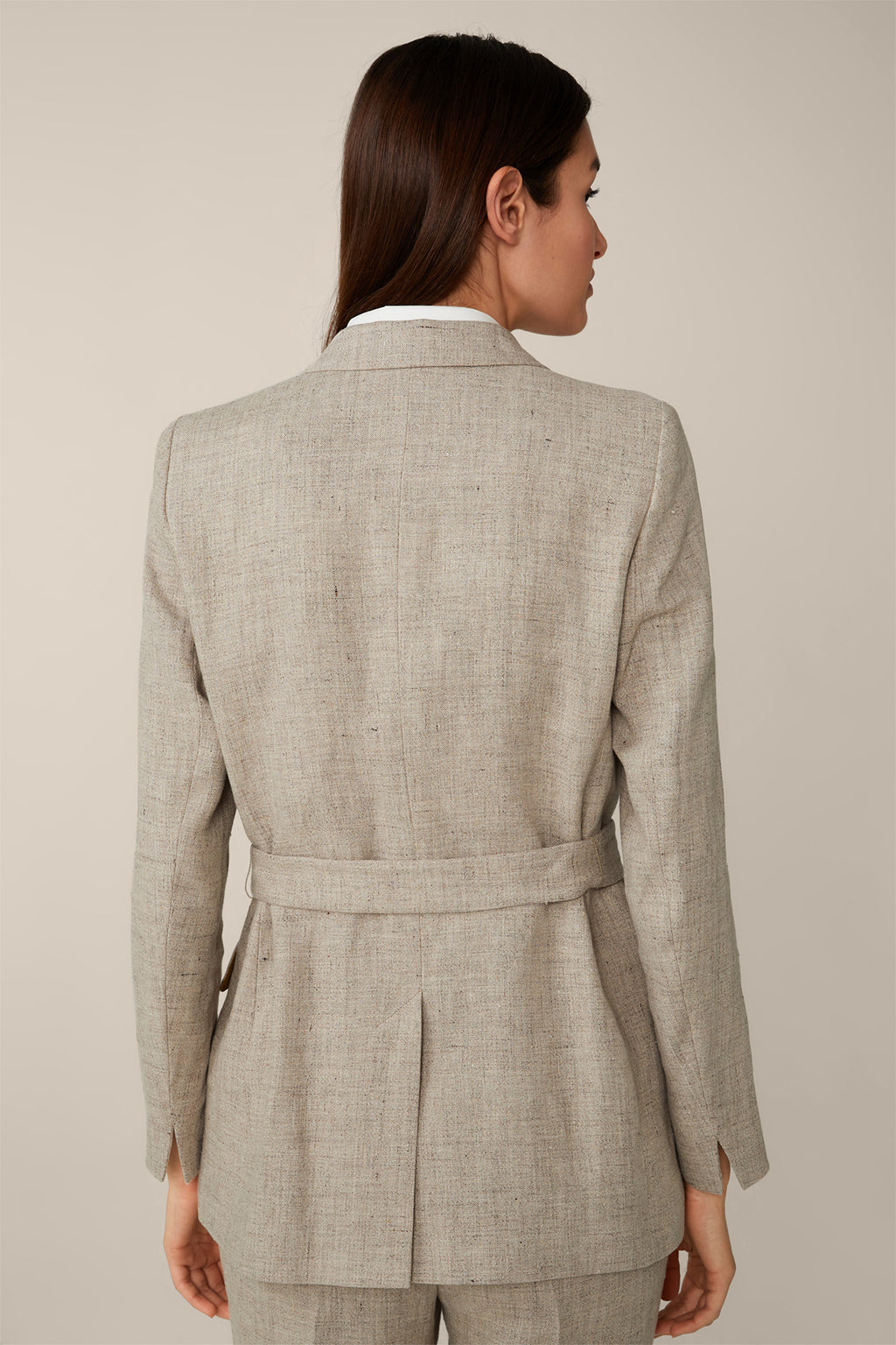 Double Breasted Blazer with Belt in Beige Patterned