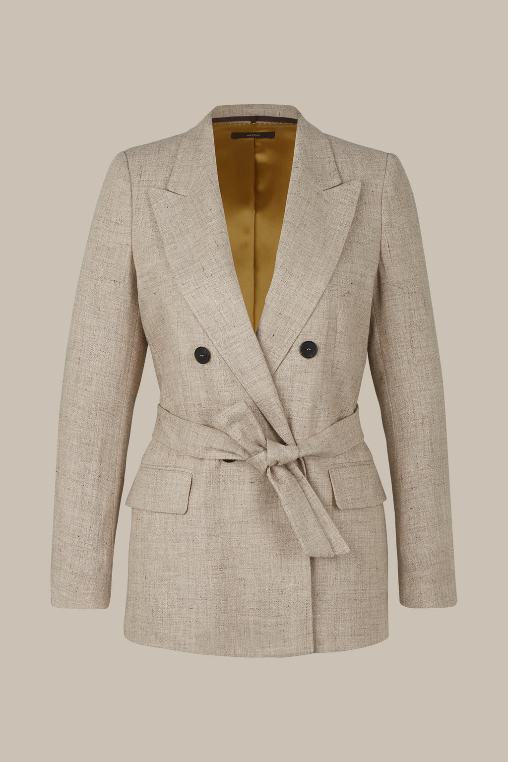 Double Breasted Blazer with Belt in Beige Patterned